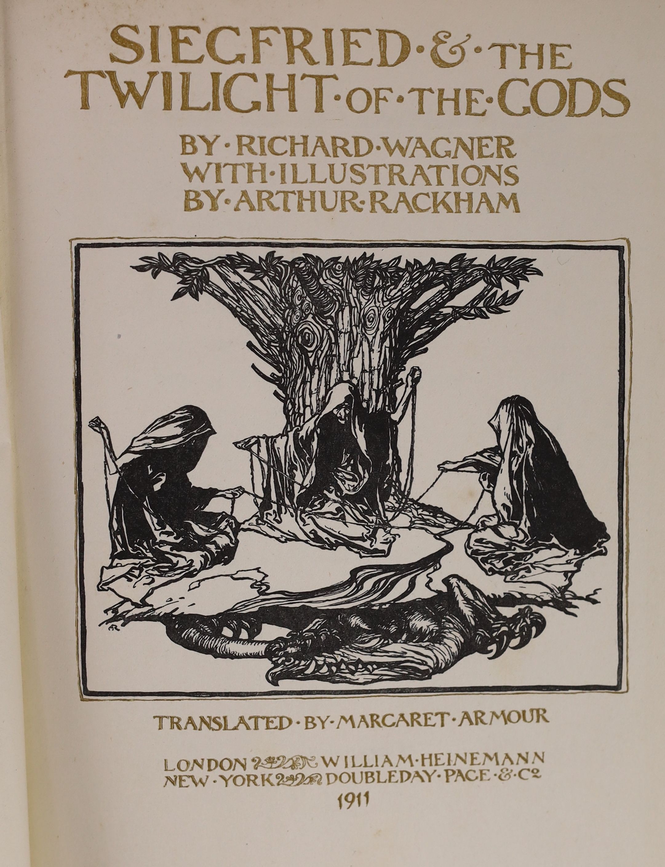 Rackham, Arthur (illustrator) - 5 works:- The Rhinegold and the Valkyrie, second impression, 1910; Siegfried & the Twilight of the Gods, ; Some British Ballads, tear to upper left of blue cloth front board, [1919]; Undin